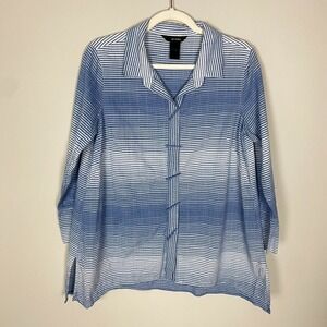 Ali Miles Striped Button Up Shirt 3/4 Sleeves Lagenlook Blue Toggles Womens S